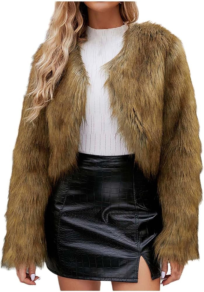 Winter Coats for Women 2023 Trendy Faux Fur Shaggy Jacket Cropped Long Sleeve Tops Open Front Coa... | Amazon (US)