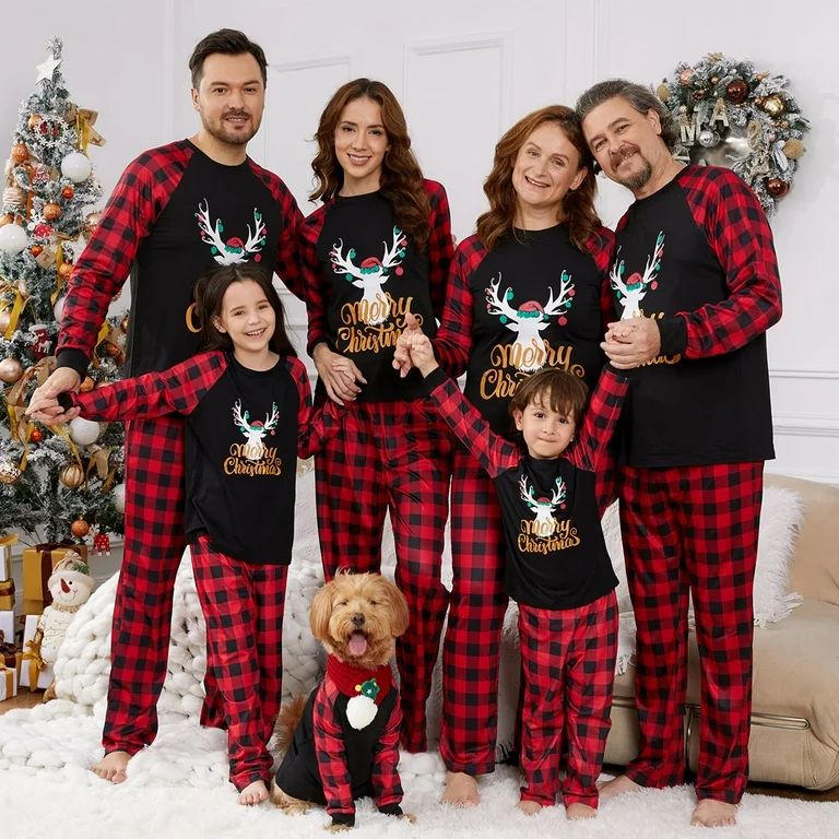 PatPat Merry Christmas Letter Antler Print Plaid Splice Matching Pajamas Sets for Family,Flame Re... | Walmart (US)