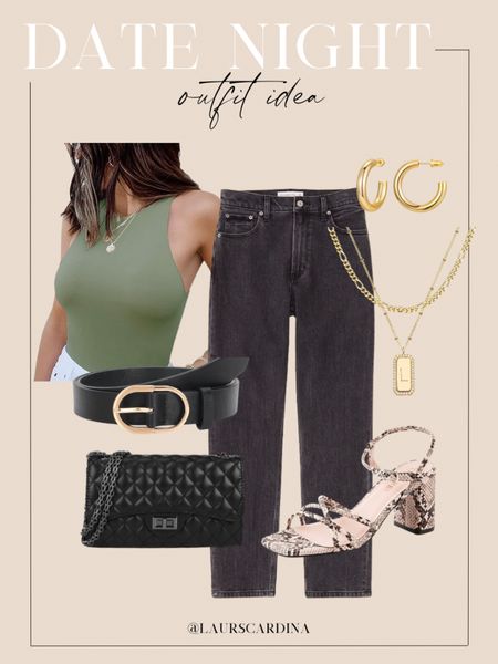 This date night outfit idea includes a green bodysuit paired with black jeans, a black belt with a gold buckle, a crossbody quilted bag, strappy snakeskin print heels, gold hoop earrings and a gold layered initial necklace. 

Ootd, fall style, outfit inspiration

#LTKshoecrush #LTKstyletip #LTKfindsunder50