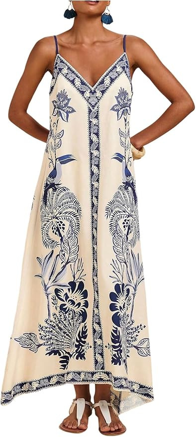 Floerns Women's Boho Floral V Neck Maxi Dress Summer Sleeveless Asymmetrical Flowy Vacation Dress... | Amazon (US)