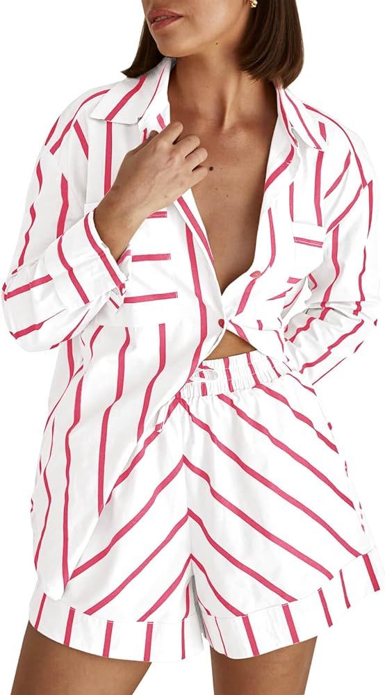 Tankaneo Womens Striped 2 Piece Outfits Button Down Shirts and Shorts Lounge Matching Sets | Amazon (US)