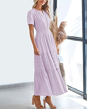 BTFBM Womens Summer 2025 Casual Midi Maxi Dresses Lightweight Short Sleeve V Neck Elastic Waist B... | Amazon (US)