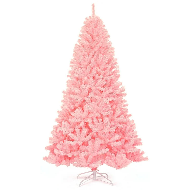 Costway 7.5Ft Hinged Artificial Christmas Tree Full Fir Tree New PVC w/ Metal Stand Pink | Walmart (US)