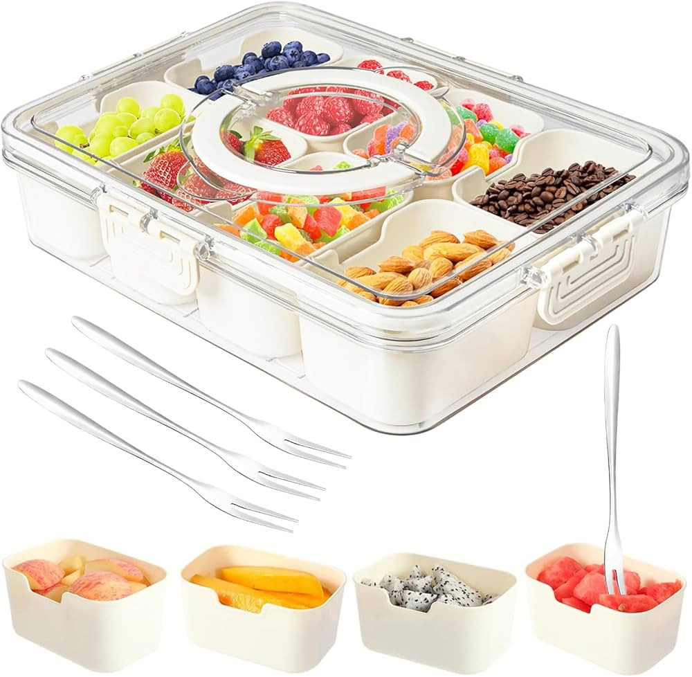 Snackle Box Container,Portable Snack Box 8 Compartment Divided Serving Tray with Lid and Handle,C... | Amazon (US)