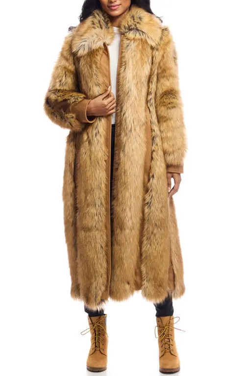 DONNA SALYERS FABULOUS FURS Goldie Faux Fur & Faux Suede Long Coat in Golden Fox at Nordstrom, Size Medium | Nordstrom