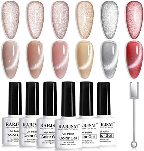RARJSM Cat Eye Gel Nail Polish Set Silver Glitter Nude Purple Pink Red Champagne Gold Brown 6 Col... | Amazon (US)