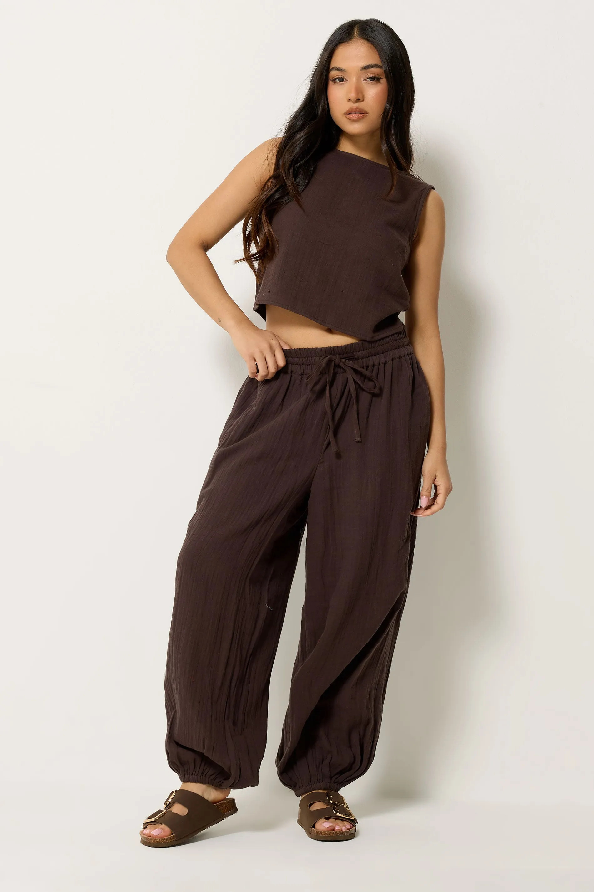 Chocolate PixieGirl Petite Cheesecloth Top & Balloon Trousers | Debenhams | Debenhams UK