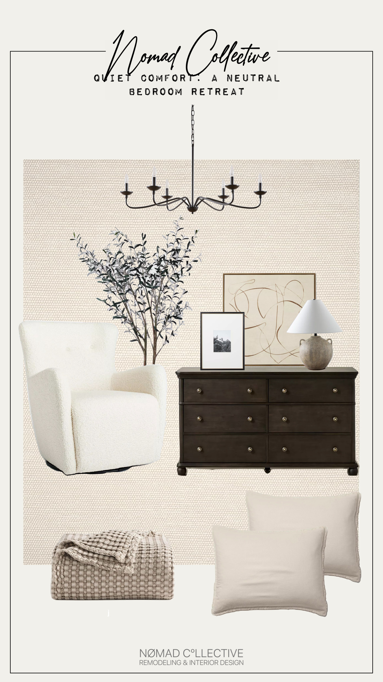 A neutral bedroom, with a soft beige rug and light, airy linens, exudes a calm, understated elegance. Dark accents—like a deep wood dresser—add depth and warmth, providing a striking contrast without disrupting the peaceful atmosphere. The quiet comfort of the space invites relaxation, where the subtle balance between light and dark creates a serene retreat for both body and mind. 

 #LTKHome