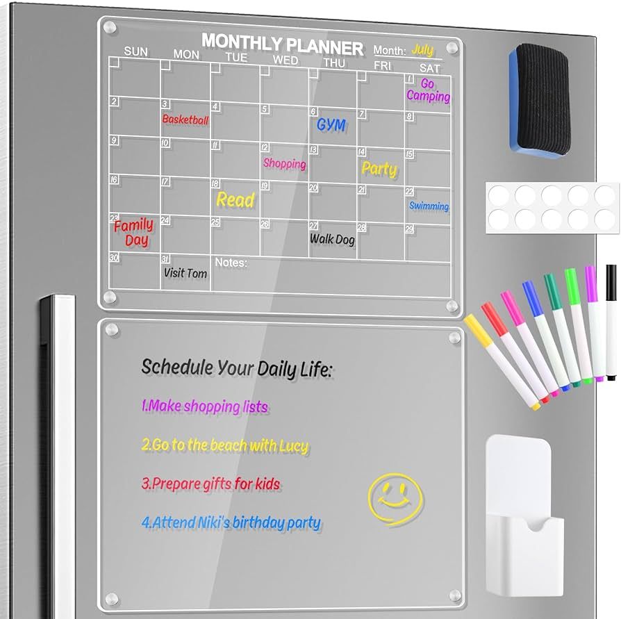 Jibeufi Acrylic Magnetic Calendar for Fridge, 16"x12" Reusable Clear 2 Set Dry Erase Calendar Boa... | Amazon (US)