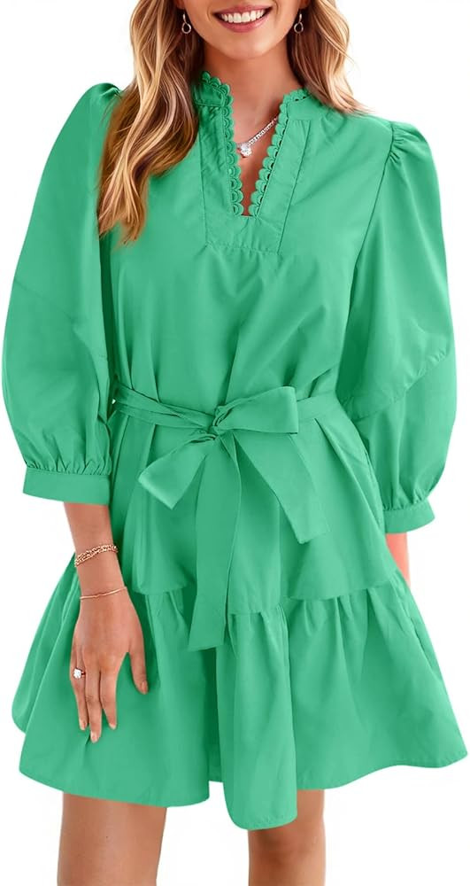 Cicy Bell Womens Puff 3/4 Sleeve Mini Dresses Bow Tie Waist V Neck Casual Trendy Ruffle Tiered Sh... | Amazon (US)