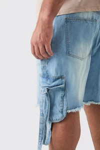Plus Relaxed Rigid Cargo Pocket Denim Short In Light Blue | boohooMAN (US & Canada)