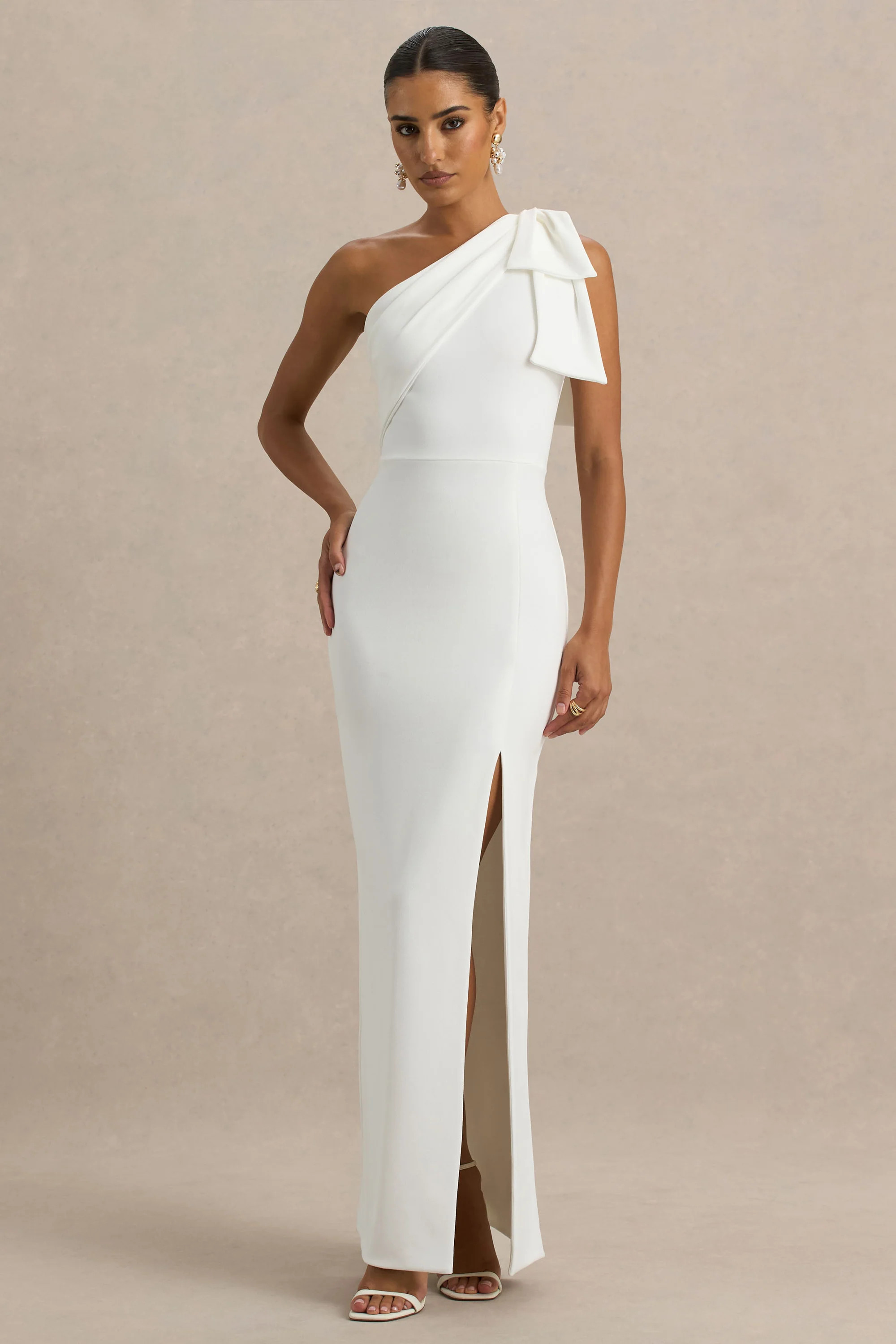 Kiri  White One-Shoulder Bow Maxi Dress | Club L London