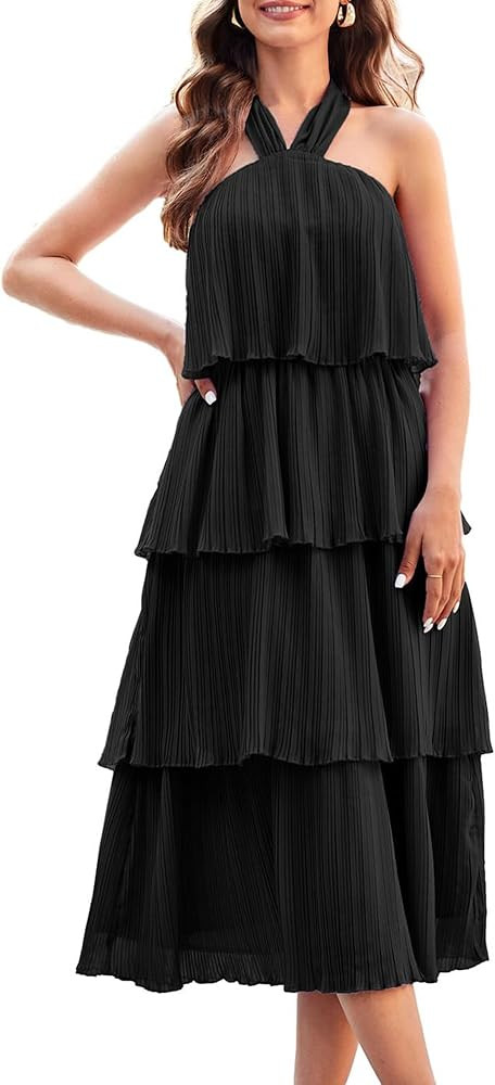 GRACE KARIN Women's 2024 Summer Halter Neck Sleeveless Dress Ruffle Tiered Layered Flowy Dresses ... | Amazon (US)