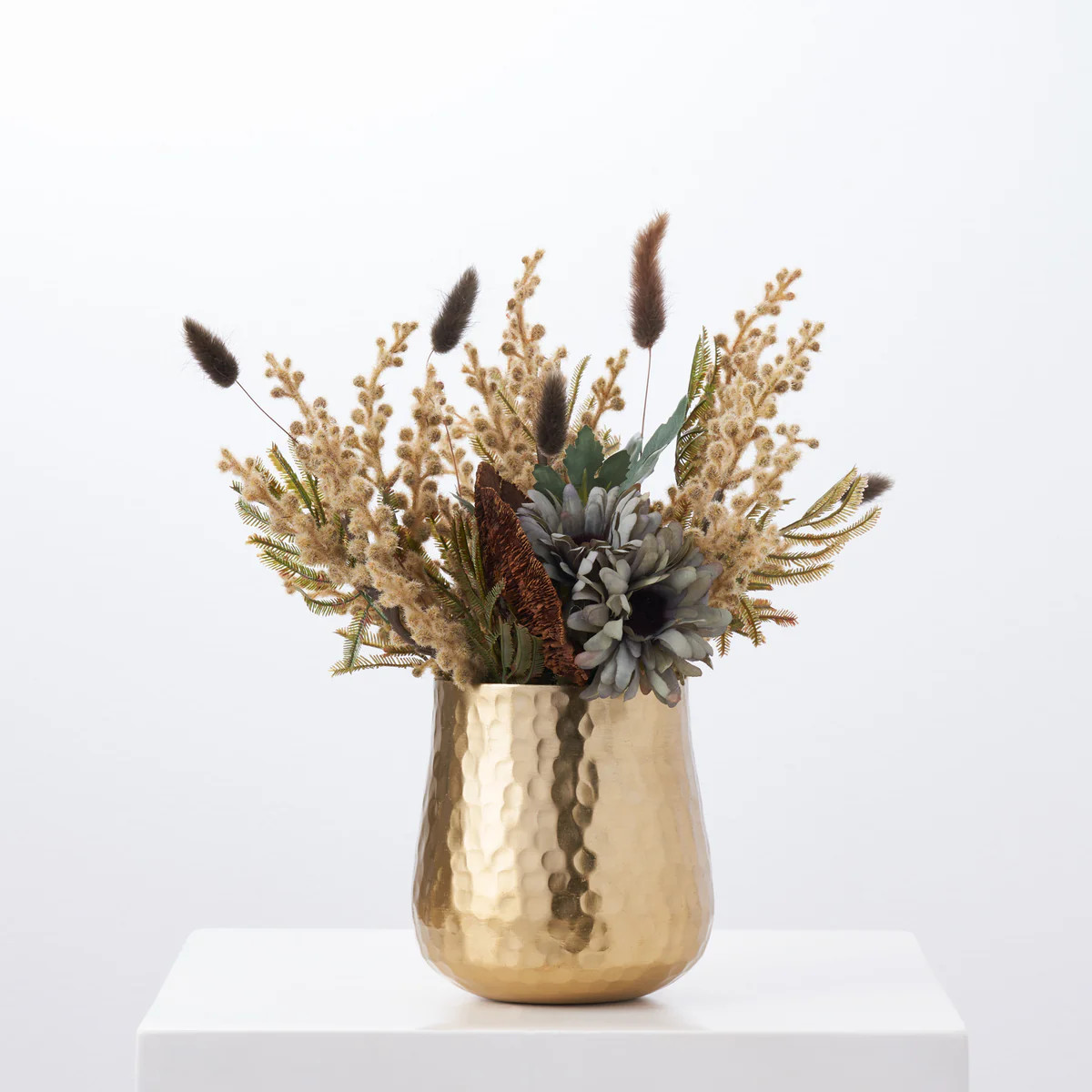 Vintage Blue Daisy with Honey Mushroom, Bunny Tails Fall Floral Arrangement in Antiqued Hammered ... | Darby Creek Trading