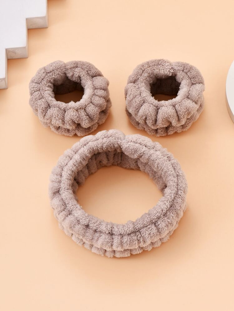2pcs Durable Polyester Wrist Band & 1pc Bath Headband,Cute Solid Washable Wrist Band & Bath Hairl... | SHEIN
