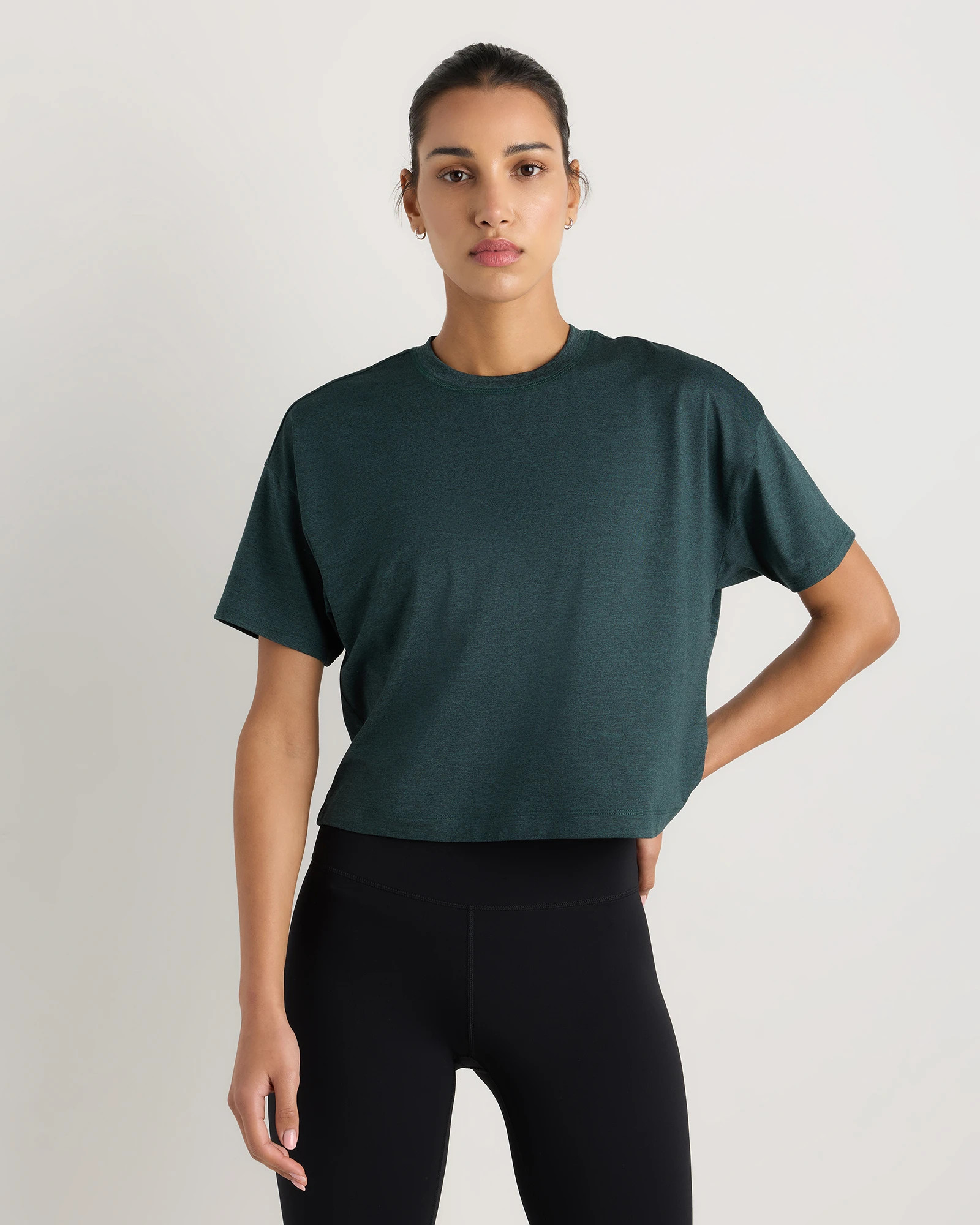 Quince | Women's Flowknit Breeze Boxy Cropped T-Shirt in Heather Green, Size XL, Recycled Polyester | Quince