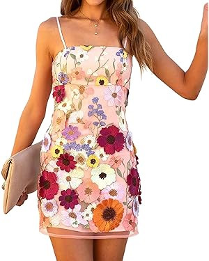 Dresses for Women 2024 3D Floral Embroidery Sheer Mesh Lace Party Cocktail Dress | Amazon (US)