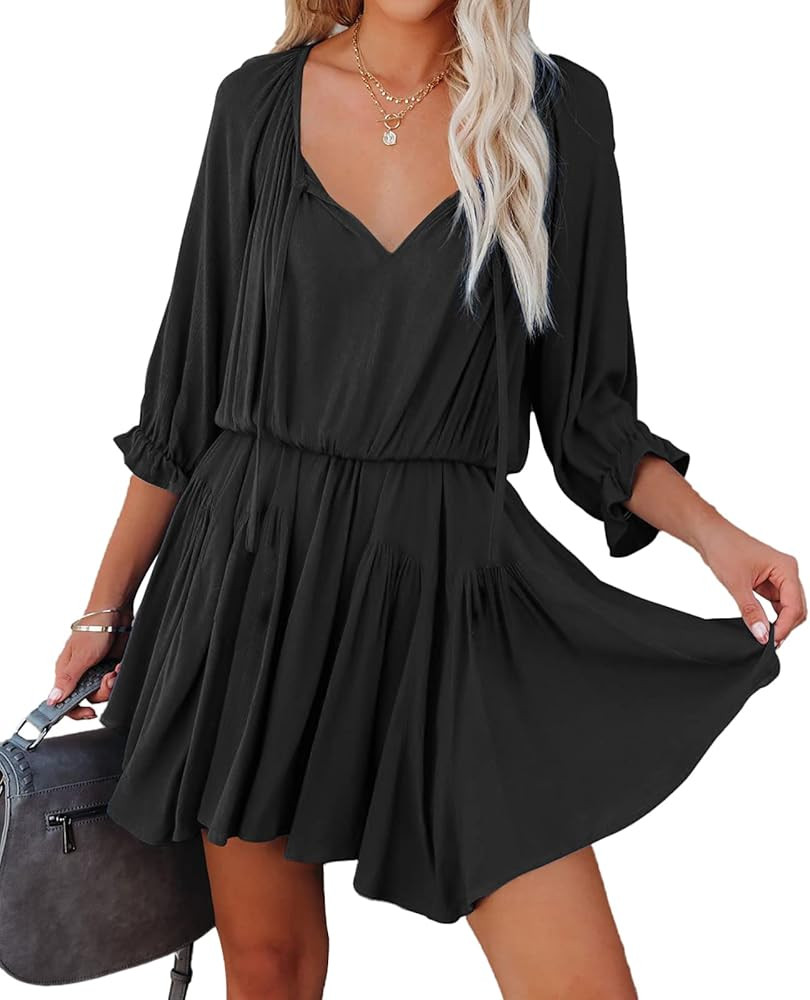 BTFBM Women Casual Summer Dresses Ruffle 3/4 Sleeve Tie V Neck High Waist Solid Soft Cute Short Flow | Amazon (US)