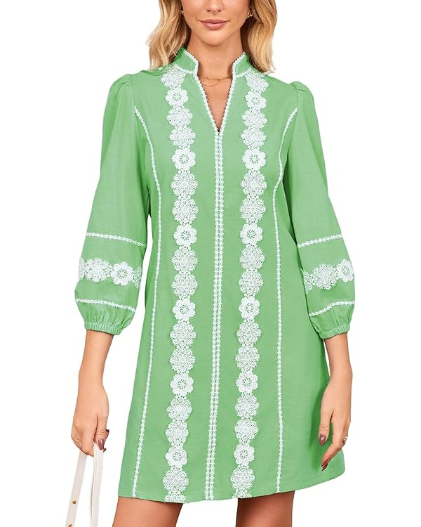Women's Embroidered Lace Floral Tunic Dress 3/4 Puff Sleeve V Neck Mini Dress with Pockets | Amazon (US)