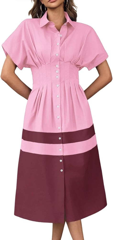 Wenrine Womens Summer Button Down Shirt Dress Casual Color Block V Neck Short Sleeve Corset Maxi ... | Amazon (US)
