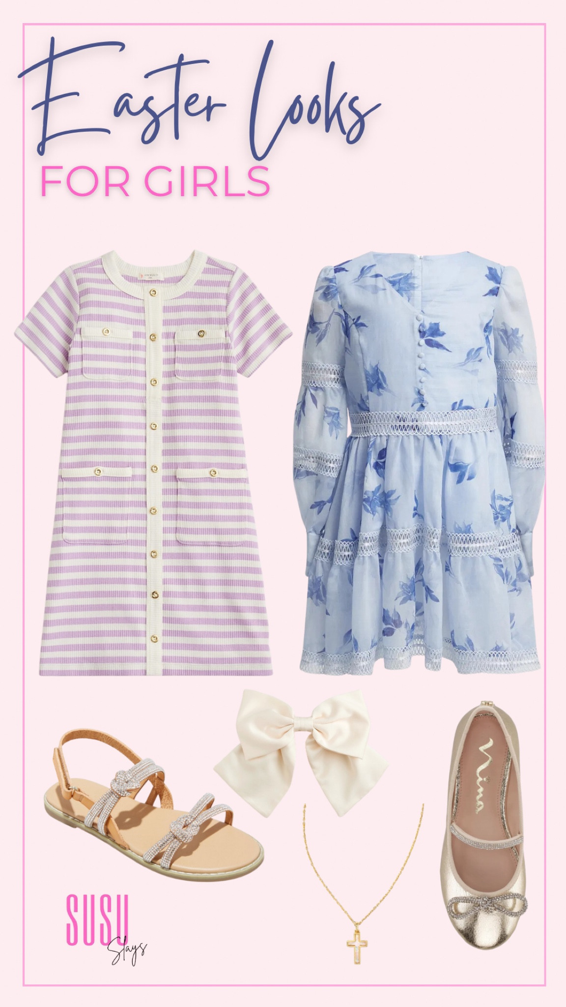 Easter looks for girls I am loving this year. 

Girls Easter outfit, sandals for girls, bow hair clip, cross necklace for girls, trendy Easter outfit

#LTKkids #LTKSeasonal #LTKstyletip