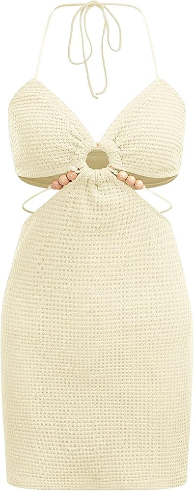 Verdusa Women's Casual Sleeveless Tie Backless Cut Out V Neck Bodycon Halter Mini Beach Boho Dres... | Amazon (US)