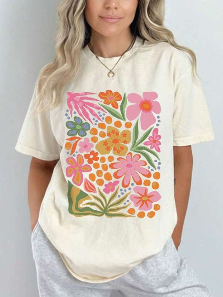 SHEIN CURVE+ Short-Sleeved T-Shirt With Floral Design | SHEIN USA | SHEIN