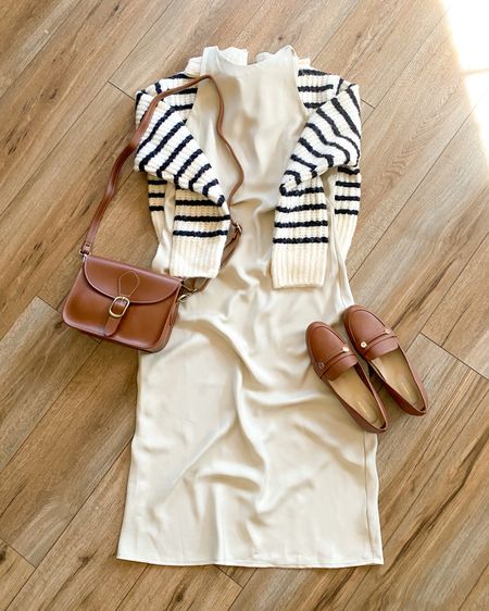 Cream midi dress with striped sweater. Classic outfit. Old money aesthetic. Target fashion. 

#LTKsalealert #LTKSeasonal #LTKworkwear