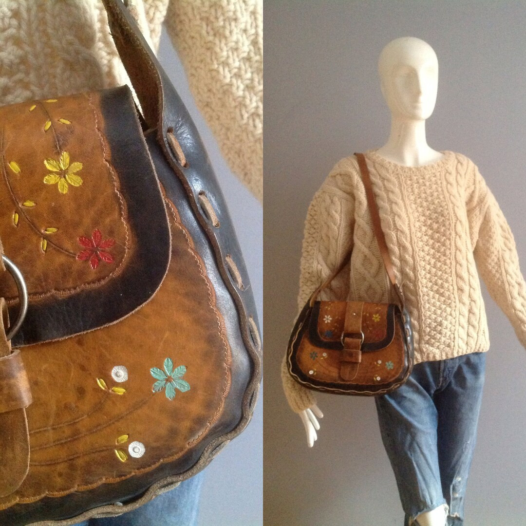 Hand Tooled Leather Boho Purse Vintage 70s Hand Painted Torched Leather Shoulder Bag Hippie Festi... | Etsy (US)