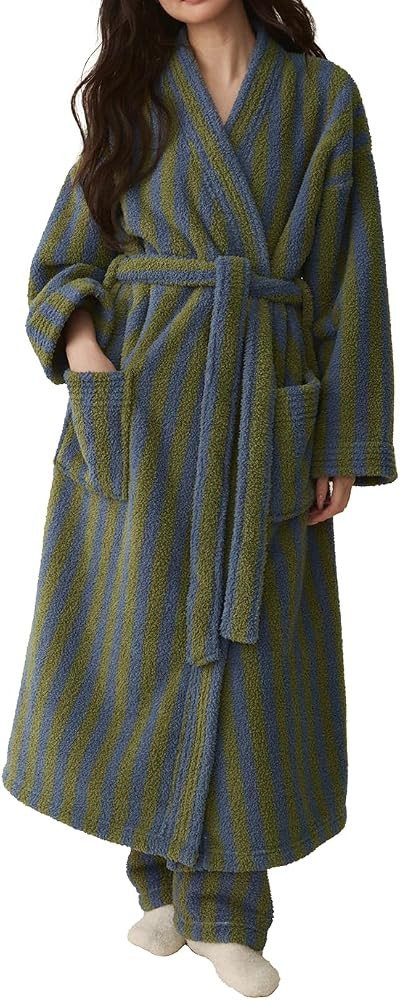 Womens Striped Long Robe Plush Warm Fluffy Bathrobes | Amazon (US)