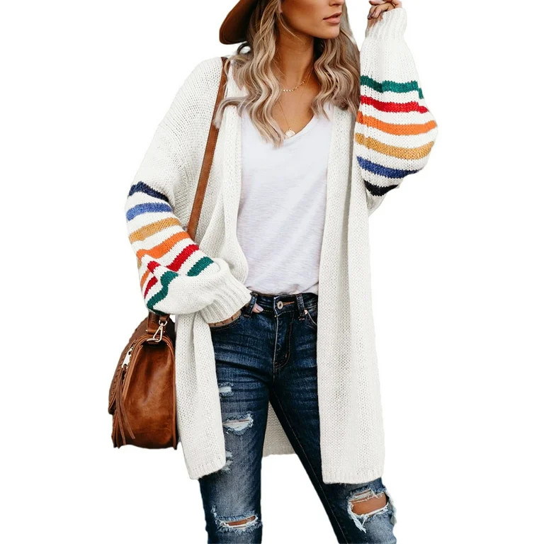 Aleumdr Plus Size Cardigan for Women Long Sleeve Striped Knit Sweaters Jacket 2XL | Walmart (US)