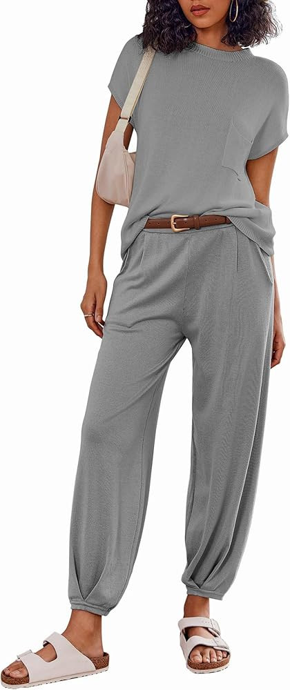 Ekouaer Women's 2 Piece Lounge Set Cap Sleeve Tops and Jogger Pants Knit Pajama Sweatsuit S-XXL | Amazon (US)