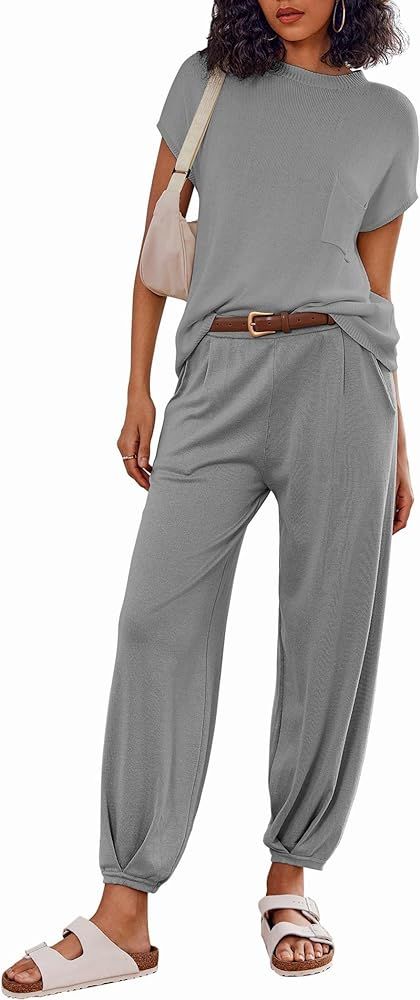 Ekouaer Women's 2 Piece Lounge Set Cap Sleeve Tops and Jogger Pants Knit Pajama Sweatsuit S-XXL | Amazon (US)