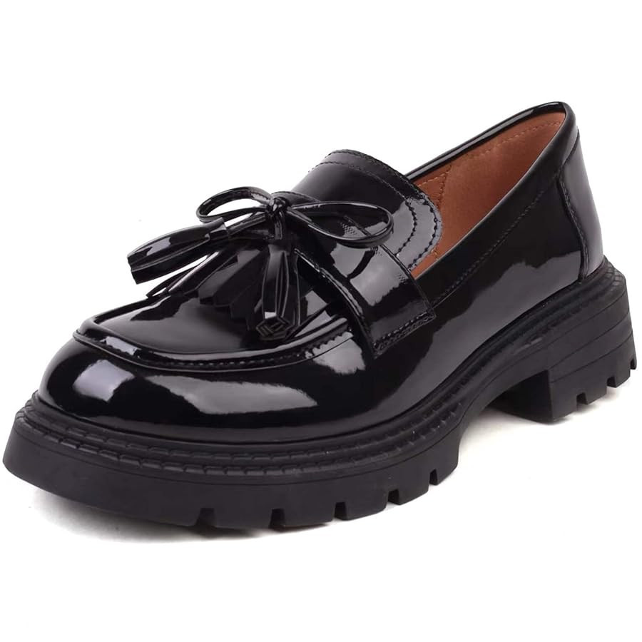 British Style Women's Fashion Loafers, Patent Leather Tassel Loafers, Black Thick-Soled Loafers, ... | Amazon (US)