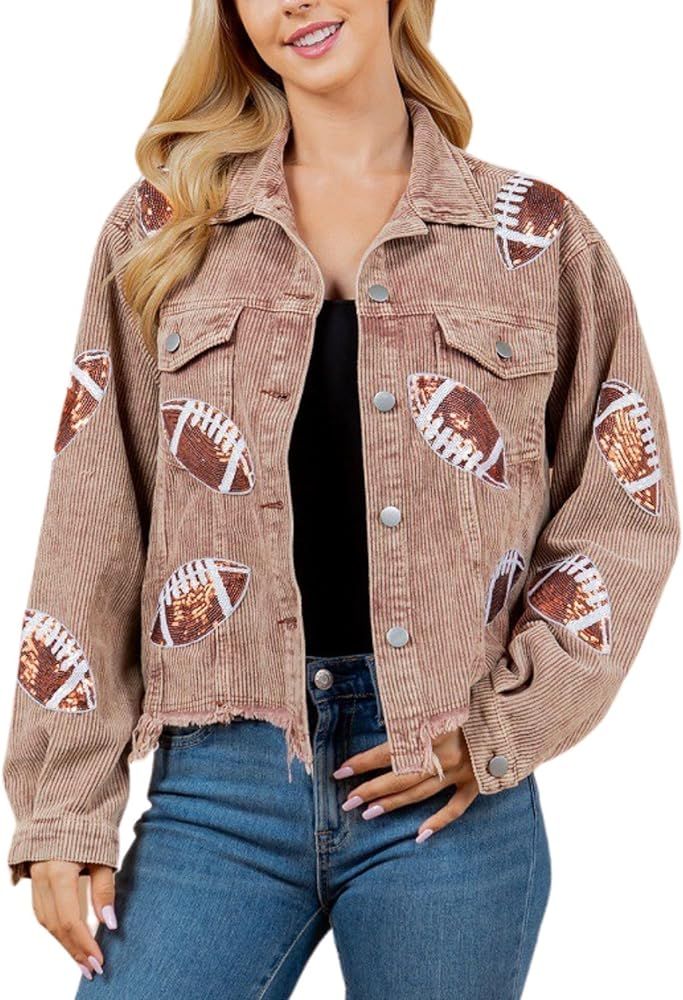 Womens Corduroy And Rugby Sequined Cropped Jacket Vintage Gameday Sequin Patched Jacket Coat | Amazon (US)