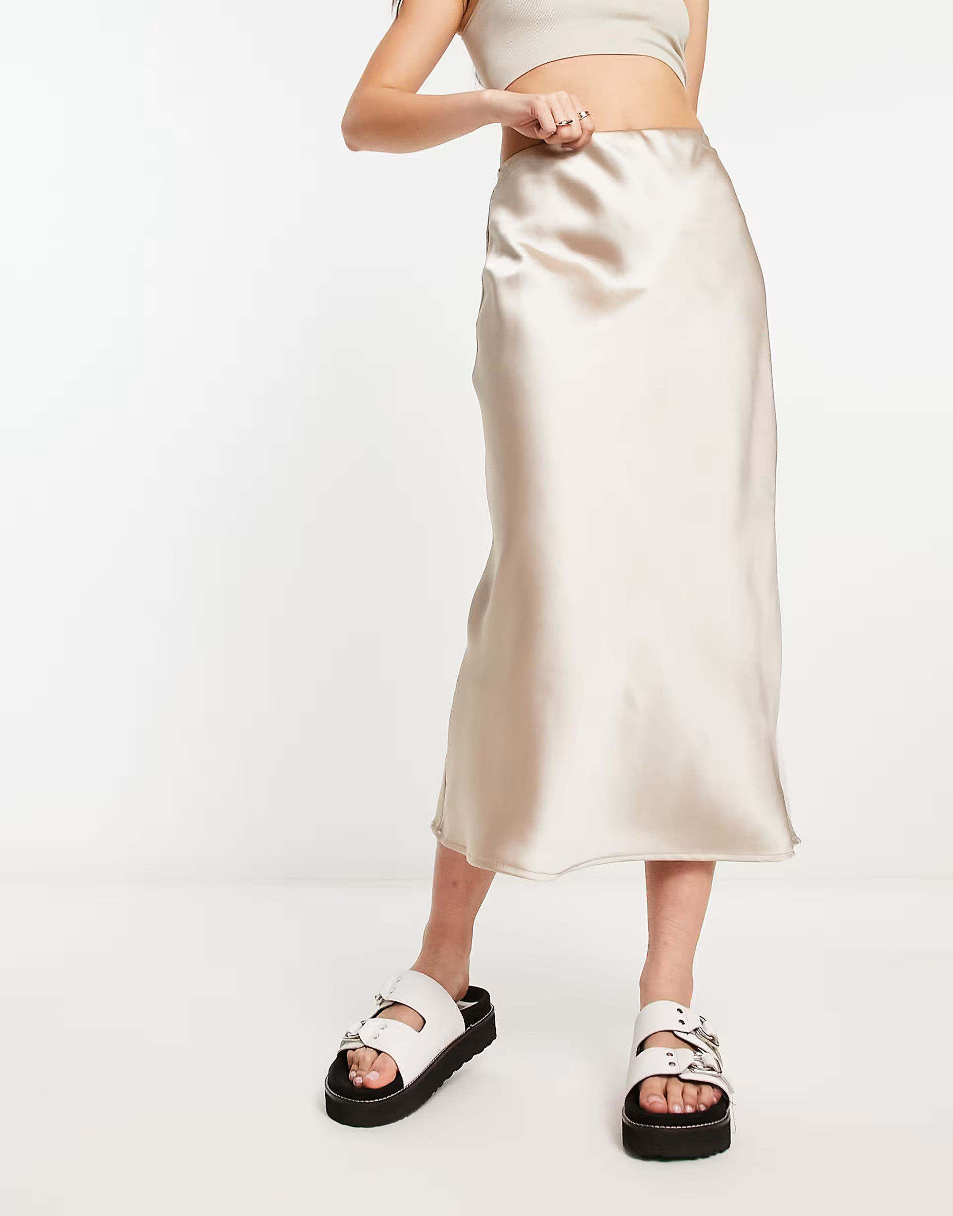 Mango satin midi skirt in champagne | ASOS (Global)