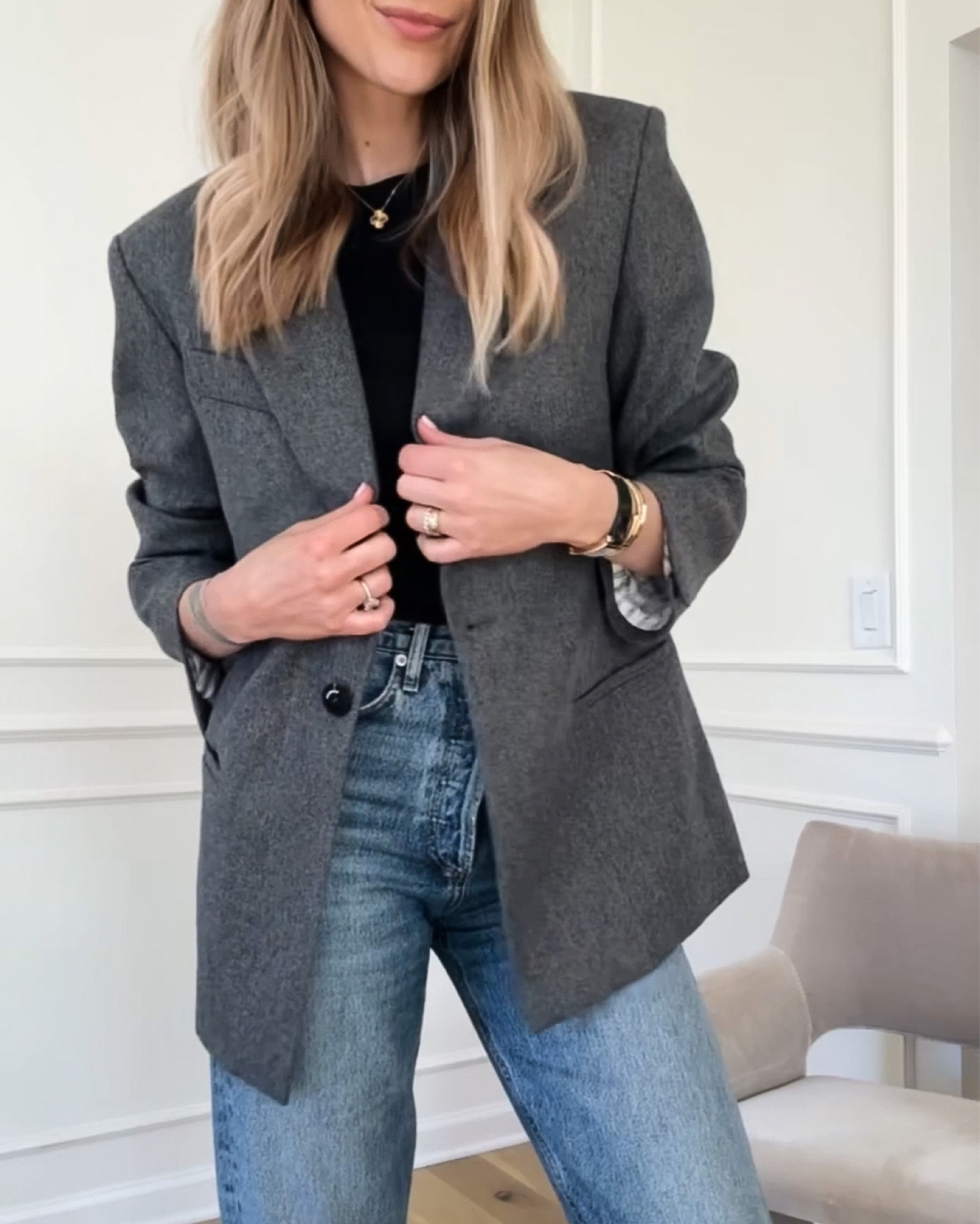 Fashion Jackson wearing grey blazer, black tshirt, agolde jeans #blazer #fashionjackson 

#LTKworkwear #LTKunder100 #LTKstyletip