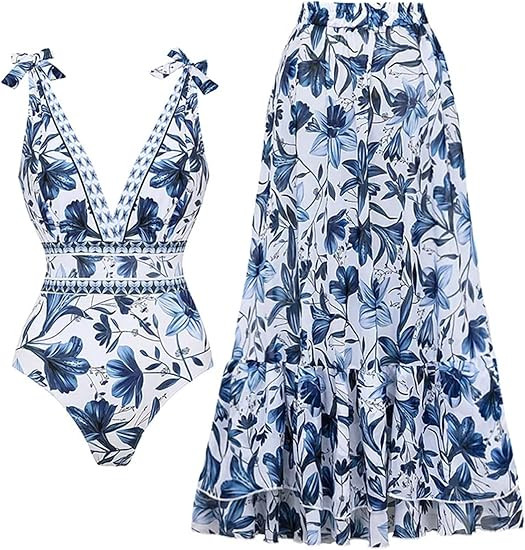 FLAXMAKER Blue and White V Neck Lace Up Strip Plant Prints One Piece Swimsuit and Skirt/Sarong | Amazon (US)
