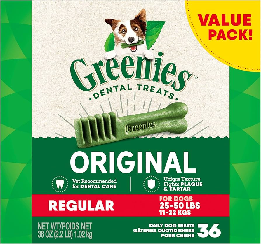Greenies Original Regular Natural Dog Dental Care Chews Oral Health Dog Treats, 36 count (Pack of... | Amazon (US)
