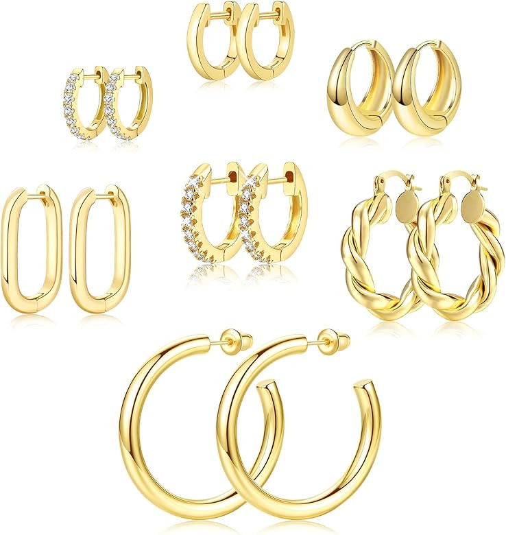 Adoyi 7 Pairs Gold Hoop Earrings Set for Women, 14K Gold Plated Chunky Twisted Gold Hoops Hypoallerg | Amazon (US)