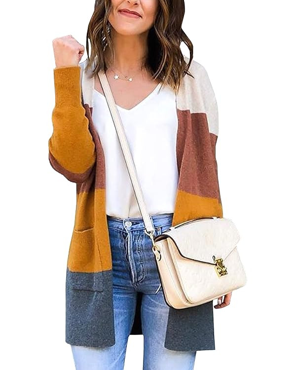 ECOWISH Womens Cardigan Color Block Striped Draped Kimono Cardigans Long Sleeve Open Front Casual... | Amazon (US)