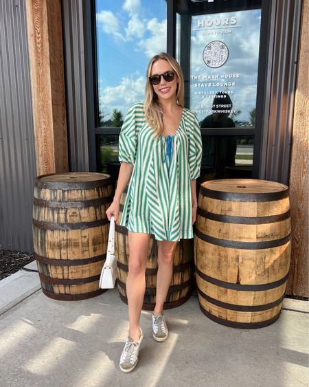 Free people striped romper, golden goose sneakers, ray ban sunglasses, white purse summer outfit. I’m wearing an XS in the romper! 

#LTKFindsUnder100 #LTKShoeCrush #LTKFindsUnder50