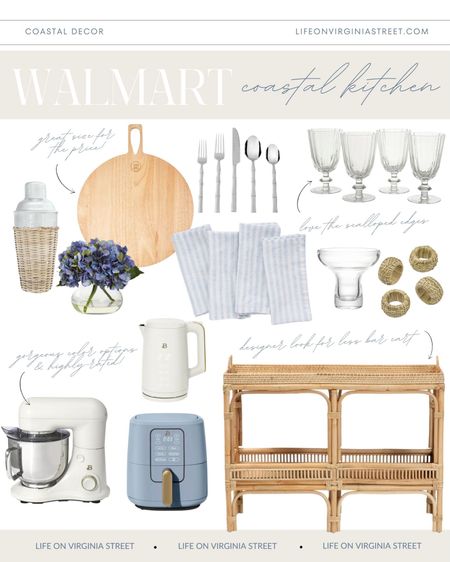 The cutest coastal decor finds for a spring kitchen refresh! Loving all of these gorgeous @walmart finds including a rattan wrapped cocktail shaker, rattan bar cart, scalloped goblet glasses, a white stand mixer, light blue air fryer, blue striped linen napkins, faux hydrangeas, a wood serving board, silver bamboo flatware, rattan napkin rings, a white electric tea kettle and more! See all of my recent Walmart finds here:  https://lifeonvirginiastreet.com/walmart-coastal-home-decor/.
.
#walmarthome #walmart #ltkhome #ltkfindsunder50 #ltkfindsunder100 #ltkstyletip #ltksalealert coastal kitchen decor, spring decorating ideas for a kitchen

#LTKSeasonal #LTKhome #LTKfindsunder100