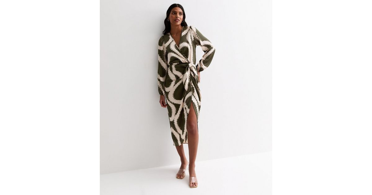 Khaki Abstract Print Long Sleeve Wrap Midi Dress | New Look | New Look (UK)