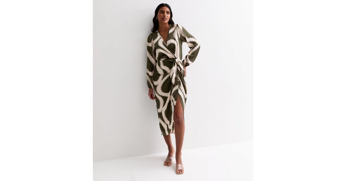 Khaki Abstract Print Long Sleeve Wrap Midi Dress
						
						Add to Saved Items
						Remove fro... | New Look (UK)