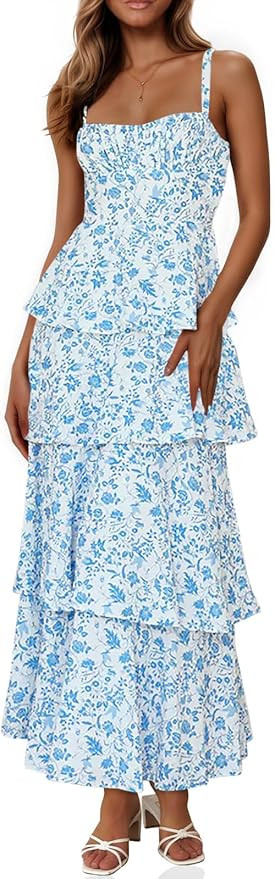 Fisoew Womens Floral Maxi Dresses Spaghetti Strap Casual Sleeveless Ruffle Flowy Tiered Dress | Amazon (US)