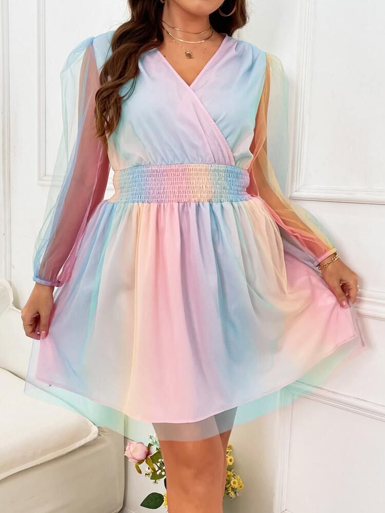 Plus Ombre Surplice Neck Lantern Sleeve Dress | SHEIN