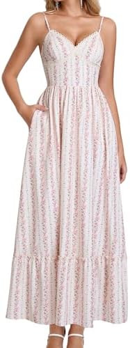 GLNEGE Women's Floral Wedding Guest Long Dress Summer Flowy Tea Party Dresses Spaghetti Straps La... | Amazon (US)