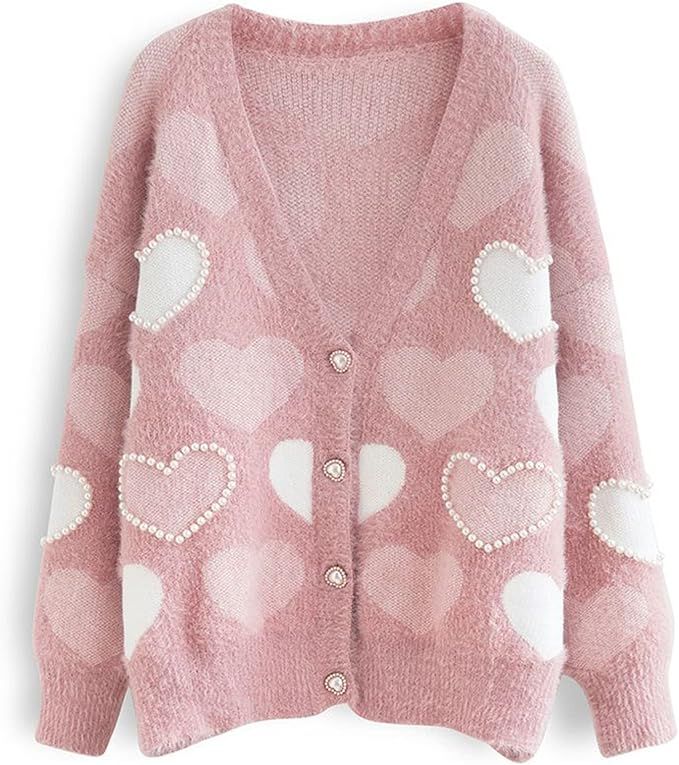 CHICWISH Women's Pink Pearly Contrast Heart Soft Fuzzy Knit Cardigan | Amazon (US)