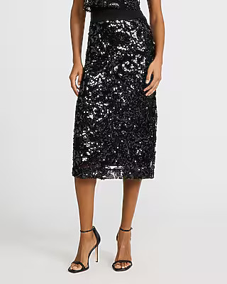 High Waisted Printed Sequin Midi Skirt | Express